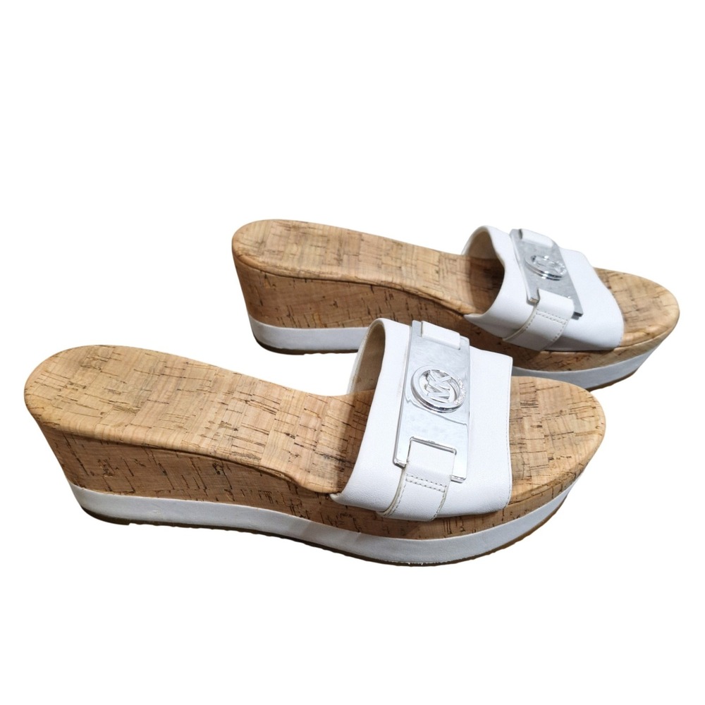 Michael Kors White Leather Cork Platform Wedge Slide Sandals Silver MK Logo 9M